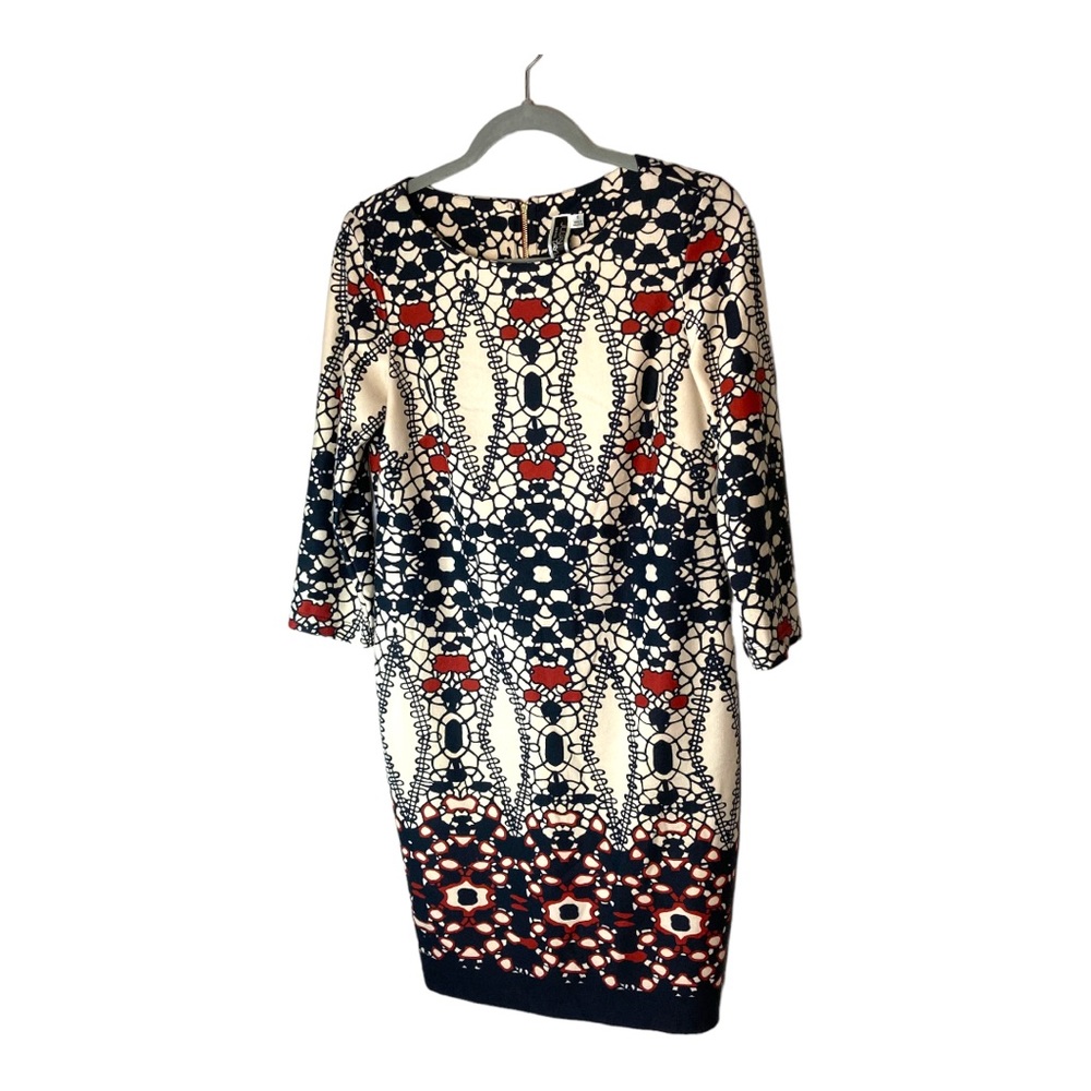 Julian Taylor Sheath Dress ‎ Cream Black Red Geo Print Size 6